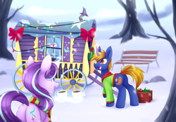 Size: 1024x712 | Tagged: safe, artist:scarlet-spectrum, starlight glimmer, oc, oc:rising dusk, pony, unicorn, bench, bow, bowtie, christmas, christmas lights, clothes, coffee, cup, decoration, drink, duo, female, holiday, jacket, magic, male, mare, open mouth, rock, scarf, smiling, snow, stallion, telekinesis, tree, tree branch, trixie's wagon, wagon, wheel, window, winter