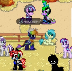 Size: 1079x1056 | Tagged: safe, sandbar, spike, starlight glimmer, twilight velvet, oc, oc:dragon chick, dracony, dragon, earth pony, hybrid, pony, unicorn, pony town, unamused