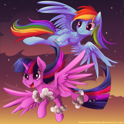 Size: 4000x4000 | Tagged: safe, artist:thenornonthego, derpibooru import, rainbow dash, twilight sparkle, twilight sparkle (alicorn), alicorn, pegasus, pony, cloud, cloud wings, cloudy, cute, duo, duo female, female, fluffy, flying, happy, mare, open mouth, raised eyebrow, smiling, spread wings, sunset, upside down