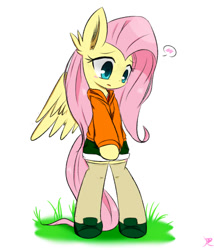 Size: 558x652 | Tagged: safe, artist:ranban, fluttershy, pegasus, pony, bipedal, clothes, hoodie, shoes, shorts, socks, solo