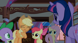 Size: 1054x592 | Tagged: safe, screencap, apple bloom, applejack, fluttershy, spike, twilight sparkle, dragon, earth pony, pegasus, pony, bridle gossip, hnnng