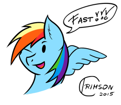 Size: 1000x872 | Tagged: safe, artist:crimson, derpibooru import, rainbow dash, pegasus, pony, bust, color, dialogue, digital art, fast, one eye closed, signature, simple background, solo, transparent background, wings, wink