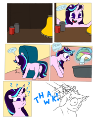 Size: 1024x1365 | Tagged: safe, artist:doodletheexpoodle, starlight glimmer, pony, unicorn, comic:magic mayhem, comic, dialogue, hide and seek, parent:starlight glimmer, solo