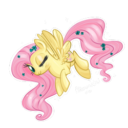 Size: 900x900 | Tagged: safe, artist:moonichi, fluttershy, pegasus, pony, flower in hair, looking at you, simple background, solo, transparent background, wink