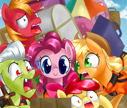 Size: 1500x1275 | Tagged: safe, artist:zorbitas, apple bloom, applejack, big macintosh, granny smith, pinkie pie, earth pony, pony, pinkie apple pie, cross, male, scene interpretation, stallion