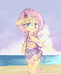 Size: 600x728 | Tagged: safe, artist:toki, fluttershy, pegasus, pony, alternate hairstyle, beach, bikini, bipedal, clothes, female, mare, solo, swimsuit