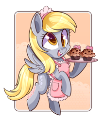 Size: 900x1051 | Tagged: safe, artist:mimijuliane, derpy hooves, pegasus, pony, apron, clothes, cute, derpabetes, female, flying, food, mare, muffin, smiling, solo, tray