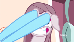 Size: 1280x720 | Tagged: safe, derpibooru import, screencap, pinkie pie, rainbow dash, earth pony, pegasus, pony, yakity-sax, discovery family logo, eye scream, ouch, out of context, pinkamena diane pie