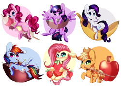 Size: 3508x2480 | Tagged: safe, artist:iblisart, derpibooru import, applejack, fluttershy, pinkie pie, rainbow dash, rarity, twilight sparkle, twilight sparkle (alicorn), alicorn, earth pony, pegasus, pony, unicorn, apple, banana, chibi, female, food, fruit, mane six, mare