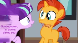 Size: 750x421 | Tagged: safe, edit, edited screencap, screencap, starlight glimmer, sunburst, pony, unicorn, uncommon bond, age regression, blank flank, colt sunburst, female, filly, filly starlight glimmer, great moments in animation, image macro, imminent glomp, meme, mirrored, motion blur, nyoom, pigtails, text, younger