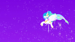 Size: 1366x768 | Tagged: safe, screencap, princess celestia, alicorn, pony, the best night ever, female, horn, mare, multicolored mane, solo, white coat