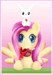 Size: 924x1302 | Tagged: safe, artist:inkatra, angel bunny, fluttershy, pegasus, pony, cookie, mouth hold