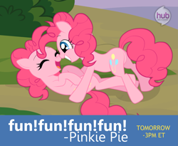 Size: 1971x1620 | Tagged: safe, artist:momo, pinkie pie, earth pony, pony, too many pinkie pies, boop, clone, cute, diapinkes, eyes closed, grin, hub logo, laughing, nose wrinkle, noseboop, on back, open mouth, pinkie clone, plot, smiling, squee, standing