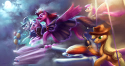 Size: 1024x542 | Tagged: safe, artist:angusdra, applejack, fluttershy, pinkie pie, rainbow dash, rarity, starlight glimmer, twilight sparkle, twilight sparkle (alicorn), alicorn, bat pony, earth pony, pegasus, pony, undead, unicorn, vampire, vampony, balloon, bat ponified, cape, clothes, costume, cowboy hat, fangs, female, floating, flutterbat, flying, ghost costume, glowing horn, halloween, halloween costume, hat, holiday, hook, hot air balloon, levitation, magic, mane six, mare, moon, race swap, telekinesis, then watch her balloons lift her up to the sky, upside down, witch hat