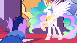 Size: 1366x768 | Tagged: safe, screencap, princess celestia, twilight sparkle, alicorn, pony, the best night ever, eyes closed