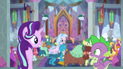 Size: 1280x720 | Tagged: safe, screencap, ballet jubilee, candy grapes, creamy nougat, end zone, fire flicker, gallus, gooseberry, huckleberry, hyper sonic, lemon crumble, ocarina green, peppermint goldylinks, sandbar, silverstream, smolder, spike, starlight glimmer, yona, dragon, earth pony, griffon, pegasus, pony, unicorn, a matter of principals, background pony, butt, colt, dragoness, female, filly, friendship student, male, mare, plot, school of friendship, smiling, stallion, winged spike, wings