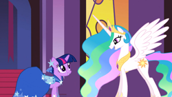 Size: 1366x768 | Tagged: safe, screencap, princess celestia, twilight sparkle, alicorn, pony, the best night ever, clothes, dress, gala dress