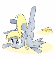 Size: 3819x4096 | Tagged: safe, artist:akainu_pony, derpy hooves, pegasus, pony, backbend, banana, cute, female, food, mare, simple background, solo