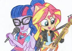 Size: 2337x1660 | Tagged: safe, artist:cybertronianbrony, sci-twi, sunset shimmer, twilight sparkle, eqg summertime shorts, equestria girls, get the show on the road, clothes, electric guitar, geode of empathy, geode of telekinesis, glasses, guitar, guitar pick, jacket, leather jacket, microphone, open mouth, ponied up, scene interpretation, singing, traditional art