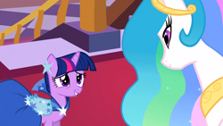 Size: 1366x768 | Tagged: safe, screencap, princess celestia, twilight sparkle, alicorn, pony, the best night ever, awkward smile