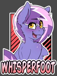 Size: 1000x1333 | Tagged: safe, artist:whisperfoot, derpibooru import, oc, oc only, oc:berry frost, anthro, anthro oc, badge, blushing, chest fluff, chest freckles, con badge, ear fluff, ear freckles, freckles, looking up, shoulder fluff, shoulder freckles, simple background, solo