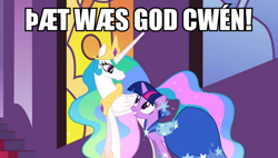 Size: 880x500 | Tagged: safe, screencap, princess celestia, twilight sparkle, alicorn, pony, beowulf, image macro, meme, old english, reference