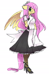 Size: 1259x1920 | Tagged: safe, artist:kilo, fluttershy, anthro, pegasus, blushing, clothes, dress, female, fluttermaid, gloves, high heels, maid, pantyhose, simple background, solo, white background, wings