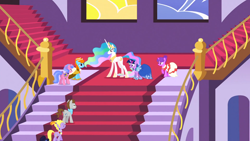 Size: 1366x768 | Tagged: safe, screencap, lyrica lilac, north star, princess celestia, royal ribbon, star gazer, twilight sparkle, alicorn, pony, the best night ever