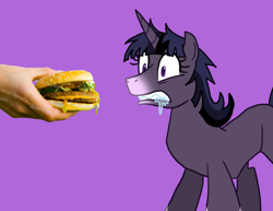 Size: 810x625 | Tagged: safe, artist:advanceddefense, derpibooru import, edit, twilight sparkle, burger, drool, eyes on the prize, gritted teeth, messy mane, omnivore twilight, ponies eating meat, sharp teeth, twilight unbound, werelight shine, wide eyes