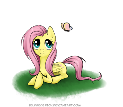 Size: 2300x2000 | Tagged: safe, artist:bel-assa, fluttershy, butterfly, pegasus, pony, cute, folded wings, looking at something, looking up, prone, solo