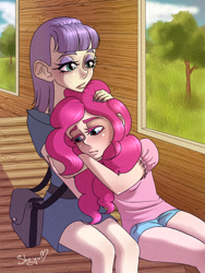 Size: 1200x1600 | Tagged: safe, artist:nyako-shoyu, maud pie, pinkie pie, human, maud pie (episode), clothes, colored eyelashes, female, humanized, nail polish, scene interpretation, shorts