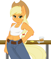 Size: 3574x4123 | Tagged: safe, artist:ambris, artist:gray-gold, applejack, anthro, bar, belly button, belt, bits, clothes, drink, fluffy, jeans, midriff, simple background, solo, tanktop, transparent background, vector