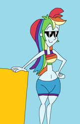 Size: 989x1529 | Tagged: safe, artist:hunterxcolleen, derpibooru import, rainbow dash, equestria girls, belly button, bikini top, clothes, humanized, shorts, stone wall, sunglasses, swimsuit