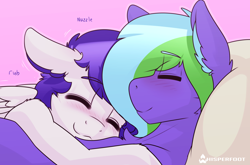 Size: 1500x987 | Tagged: safe, artist:whisperfoot, derpibooru import, oc, oc only, oc:waterpony, oc:weldbead, pegasus, pony, blushing, chest fluff, cuddling, cute, ear fluff, gay, hug, male, nuzzling, oc x oc, patreon, patreon reward, pillow, pink background, shipping, simple background, sleeping, smiling, wings