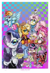 Size: 2600x3800 | Tagged: safe, artist:andypriceart, derpibooru import, angel bunny, applejack, fluttershy, pinkie pie, rainbow dash, rarity, spike, twilight sparkle, twilight sparkle (alicorn), alicorn, dragon, earth pony, pegasus, pony, unicorn, spoiler:comic, spoiler:comic64, 80's fashion, 80s, abstract background, air guitar, alternate hairstyle, applejack's hat, bangles, belt, belt buckle, big hair, binder, book, boots, bracelet, clothes, cowboy boots, cowboy hat, cyndi lauper, denim jacket, dress, ear piercing, earring, eyes closed, eyeshadow, female, fishnet stockings, flower, glasses, hair spray, hairspray, hat, headband, jeans, jewelry, leg warmers, leotard, looking at you, makeup, male, mane six, mare, mohawk, necklace, olivia newton-john, pants, piercing, prince (musician), robe, ruffled shirt, safety pin, sequins, shampoo, shoes, shoulder pads, sunflower, sweatband, sweater, sweatpants, trapper keeper, turtleneck, weights, wristband