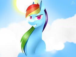 Size: 1600x1200 | Tagged: safe, artist:colourboom, derpibooru import, rainbow dash, pegasus, pony, bust, portrait, sky, solo, sun