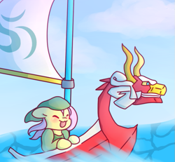 Size: 701x648 | Tagged: safe, artist:milkwolf, fluttershy, pegasus, pony, :3, ask-friendlyshy, boat, clothes, crossover, duo, female, happy, hat, king of red lions, male, mare, ocean, solo, the legend of zelda, the legend of zelda: the wind waker, x3