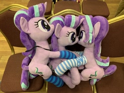 Size: 2048x1536 | Tagged: safe, photographer:exakr, starlight glimmer, chair, clothes, cuddle puddle, cuddling, irl, multeity, photo, pony pile, project seaponycon, singapore, socks, starlight cluster, striped socks, triality, trio