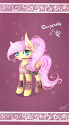 Size: 665x1200 | Tagged: safe, artist:wilvarin-liadon, fluttershy, bat pony, alternate hairstyle, arrow, badass, badass adorable, clothes, cute, fantasy class, flutterbadass, flutterbat, hoof boots, hoof shoes, looking at you, necklace, race swap, ranger, shyabates, shyabetes, solo