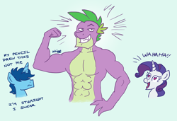 Size: 2000x1368 | Tagged: safe, artist:greenlinzerd, rarity, spike, oc, oc:bcw, anthro, abs, beefspike, collarbone, denial, dreamworks face, female, flexing, hair over eyes, hand on hip, heart eyes, hidden eyes, male, muscles, older, shipping, sparity, straight, wahaha, wingding eyes