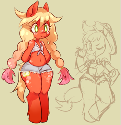 Size: 533x554 | Tagged: dead source, safe, artist:ghostier, applejack, big macintosh, macareina, earth pony, pony, semi-anthro, belly button, bipedal, clothes, daisy dukes, female, front knot midriff, midriff, pigtails, rule 63, shorts
