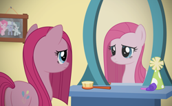 Size: 2554x1582 | Tagged: safe, artist:reitanna-seishin, limestone pie, marble pie, pinkie pie, earth pony, pony, brush, butt, female, filly, foal, looking at self, mare, mirror, party hat, pinkamena diane pie, plot, sad, solo