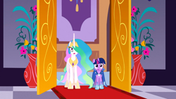 Size: 1366x768 | Tagged: safe, screencap, princess celestia, twilight sparkle, alicorn, pony, the best night ever, clothes, dress, gala dress