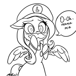 Size: 1200x1200 | Tagged: safe, artist:ryephoenix, fluttershy, pegasus, pony, bipedal, blushing, clothes, cute, floppy ears, lineart, luigi, monochrome, moustache, overalls, simple background, solo, spread wings, super mario bros., surprised, wide eyes