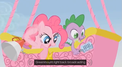 Size: 627x349 | Tagged: safe, screencap, pinkie pie, spike, dragon, earth pony, pony, fall weather friends, hot air balloon, meme, microphone, twinkling balloon, youtube caption