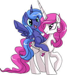 Size: 700x783 | Tagged: safe, artist:archeopony, princess celestia, princess luna, alicorn, pony, cewestia, filly, ponies riding ponies, simple background, woona