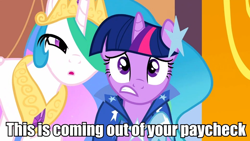 Size: 960x540 | Tagged: safe, princess celestia, twilight sparkle, alicorn, pony, duo, female, image macro, meme, money