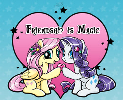 Size: 800x650 | Tagged: safe, artist:k-a-m-b-i, fluttershy, rarity, pegasus, pony, unicorn, flower in hair, heart, looking at you, sitting, title drop