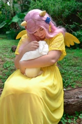 Size: 640x960 | Tagged: safe, artist:myadversaria, fluttershy, human, rabbit, clothes, cosplay, dress, irl, irl human, photo, solo