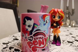 Size: 6000x4000 | Tagged: safe, artist:artofmagicpoland, derpibooru import, pinkie pie, rainbow dash, rarity, spike, sunset shimmer, equestria girls, bully, bullying, cup, doll, dunk, equestria girls minis, looking at you, my little pony logo, teacup, toy